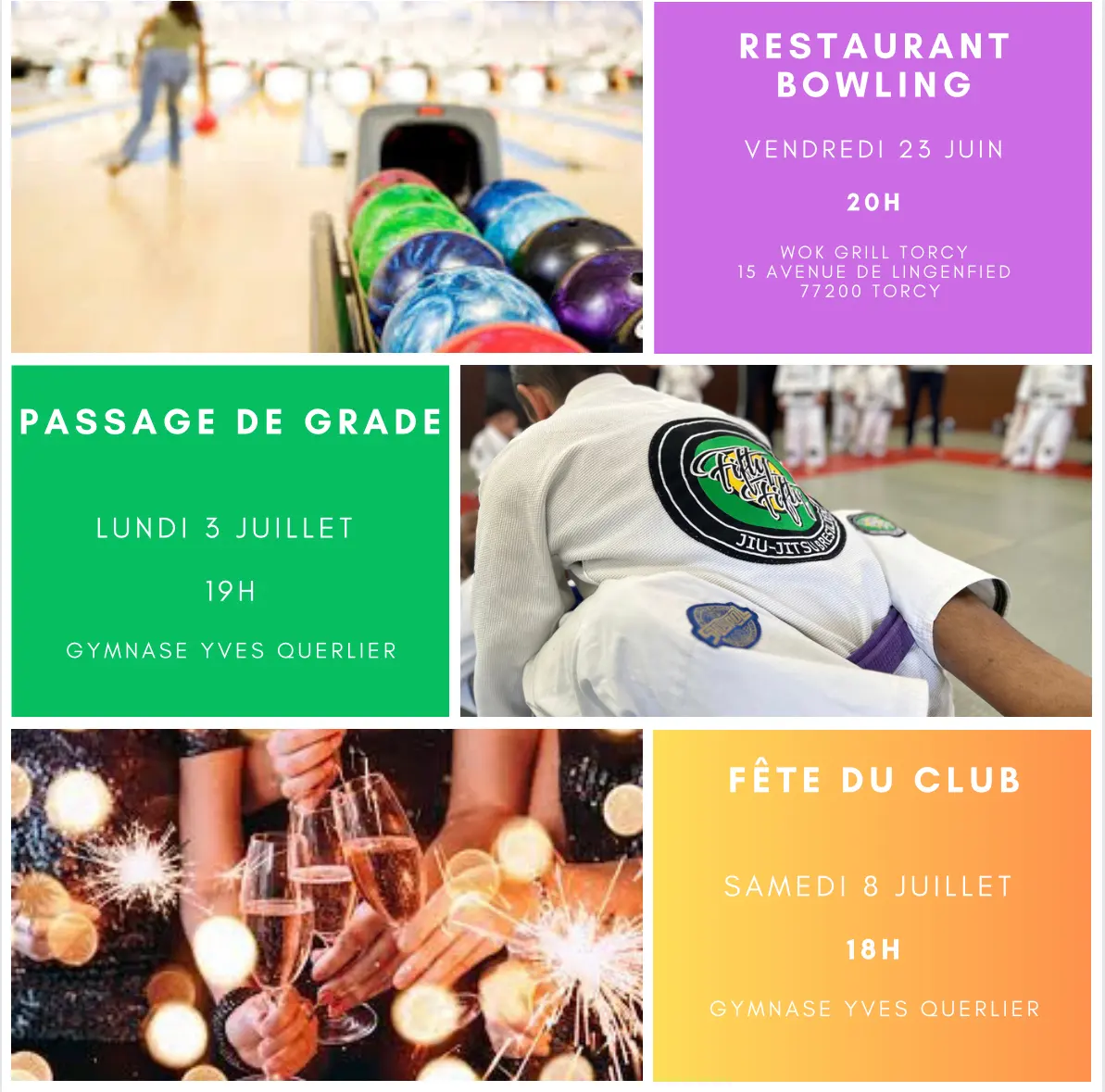 Affiche du restaurant-bowling, du passage de grade et de la fête du club