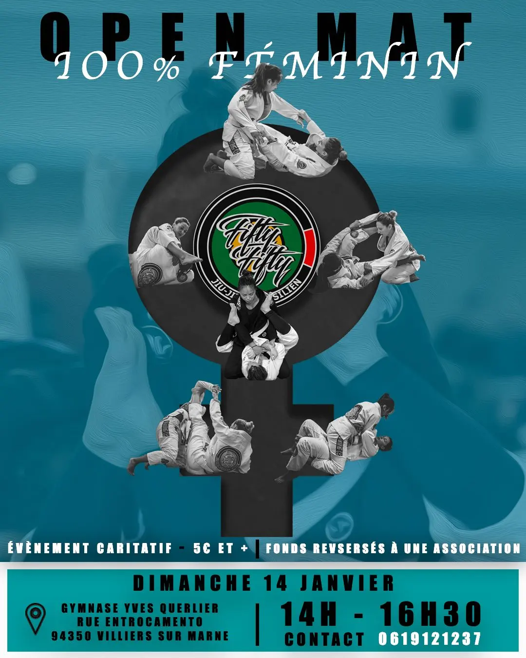 Affiche du premier open mat 100 % féminin, événement caritatif du dimanche 14 janvier