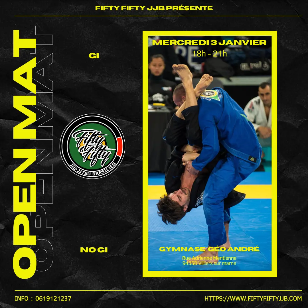 Affiche de l’open mat Gi et No Gi du mercredi 3 janvier au gymnase Géo André