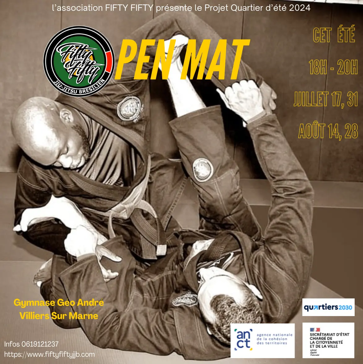 Affiche des open mats d’été 2024 au gymnase Géo André, projet Quartier d’été