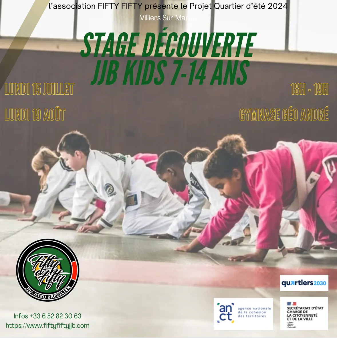 Affiche du stage découverte JJB pour les 7-14 ans, juillet et août 2024